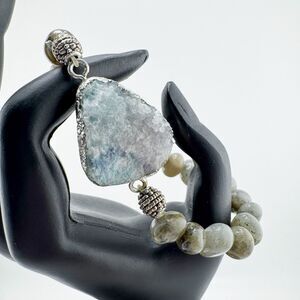 Vintage Natural Druzy Quartz Geode Crystal Bracelet Labradorite Beads Stretch